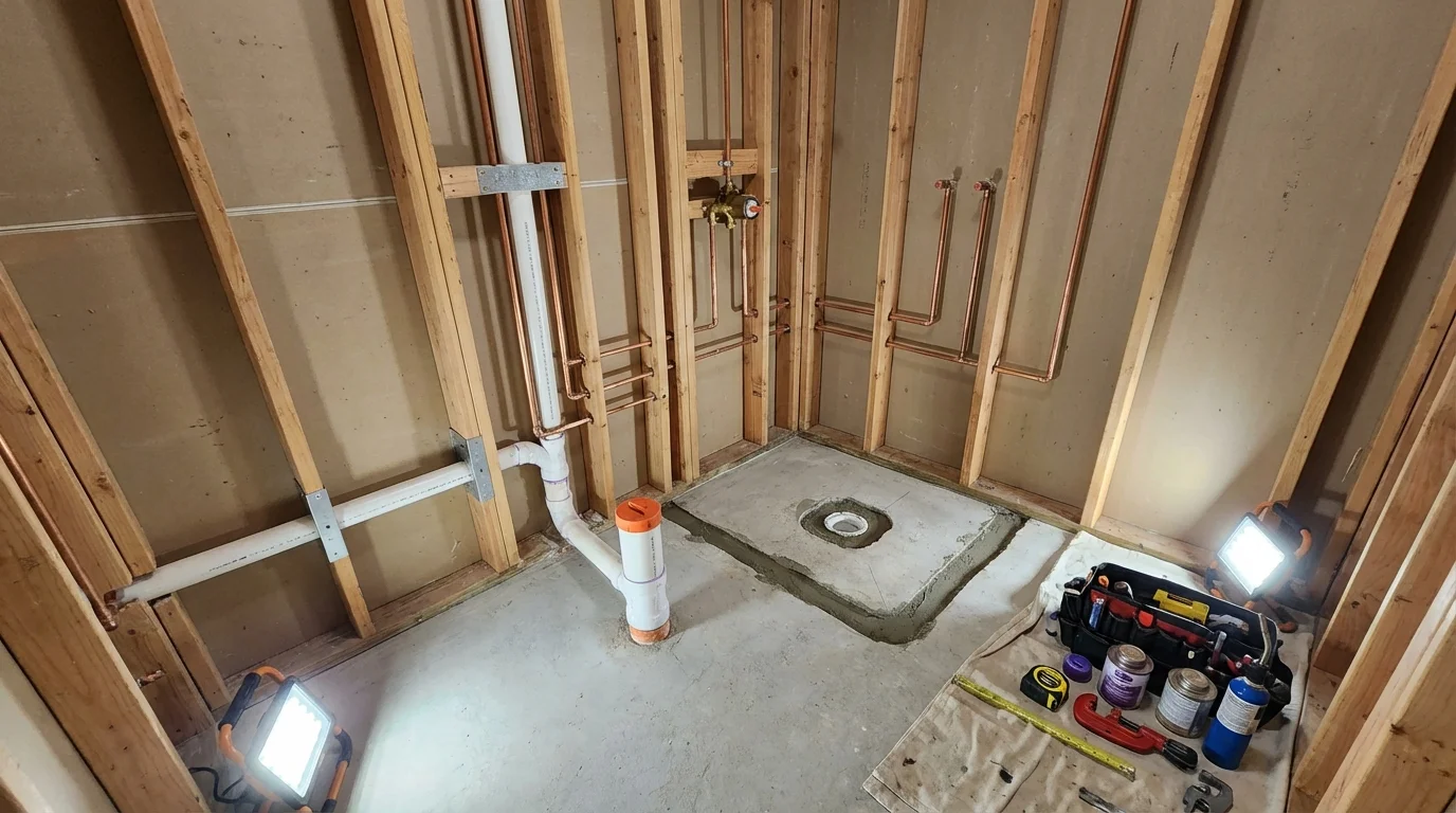 Bathroom rough-in plumbing during remodel by Johns Plumbing LLC in Edna