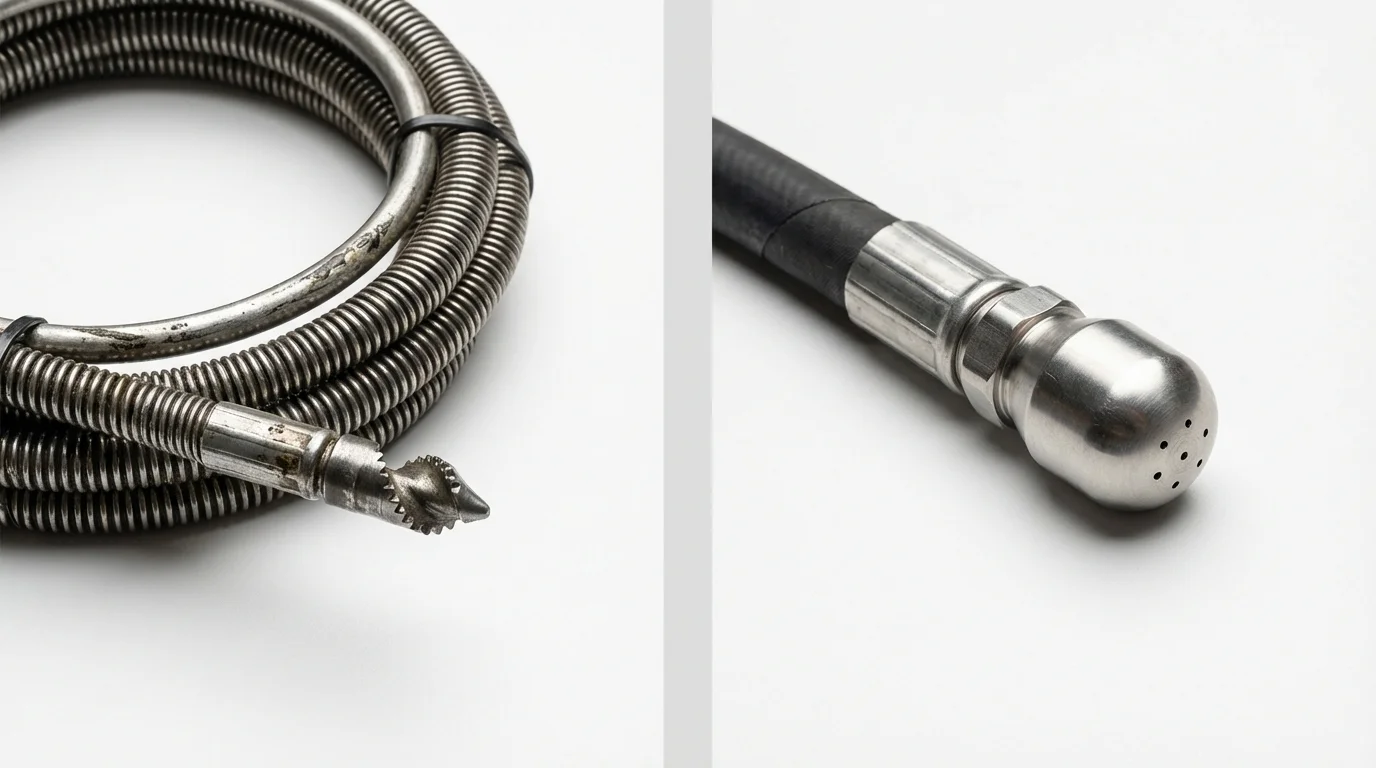Drain snake cable and hydro jetting nozzle used for drain cleaning in Edna, TX