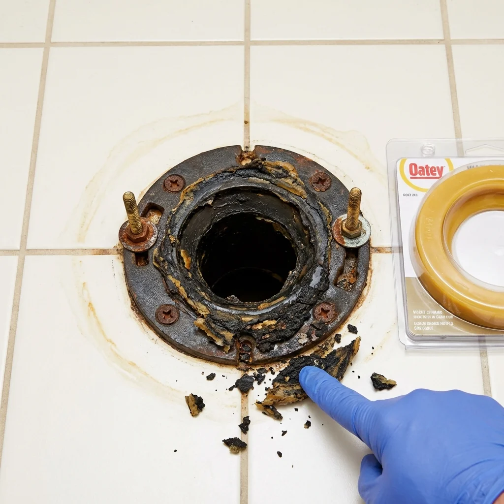 Failed wax ring showing water seepage at the base of a toilet in a Edna, TX home