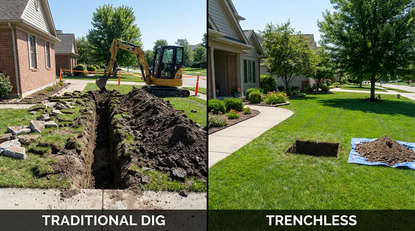 Trenchless sewer repair with minimal yard damage versus traditional excavation in Edna, TX